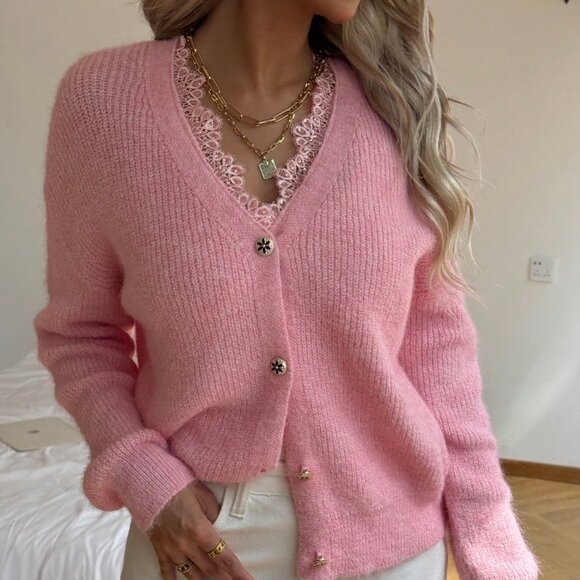 Pink Casual Women's V Neck Lace Trim & Rhinestones Cardigan - Picture 6 of 8